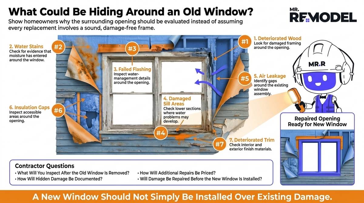Window opening inspection cutaway showing deteriorated wood, failed flashing, water stains, sill damage, insulation gaps, air leakage, and trim deterioration around an old window.
